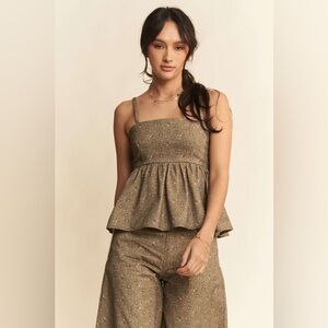 389B. Olive Floral Print Peplum Denim Top